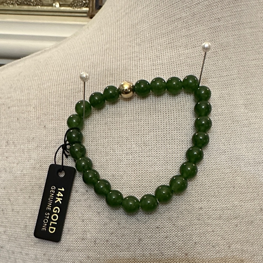 Genuine Jade and 14k gold Beaded Bracelet with Gold Accent
